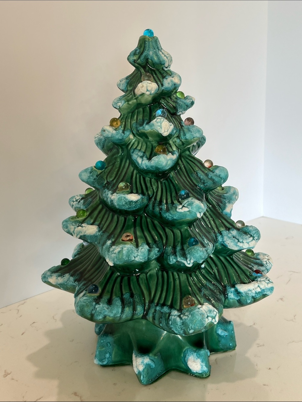Vintage Ceramic Christmas Tree Lighted Snow Flocked Round Globe Lights 12”
